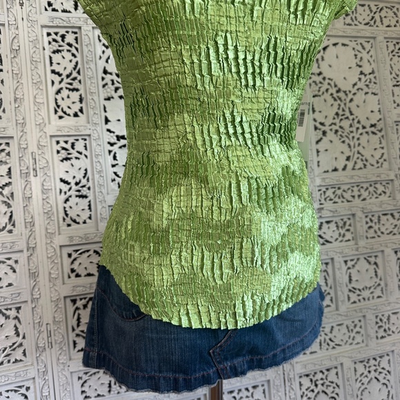 Y2k‎ Dressbarn Bright Kelly Green Crinkle Top With Lace Neckline Sz Medium - Picture 3 of 6